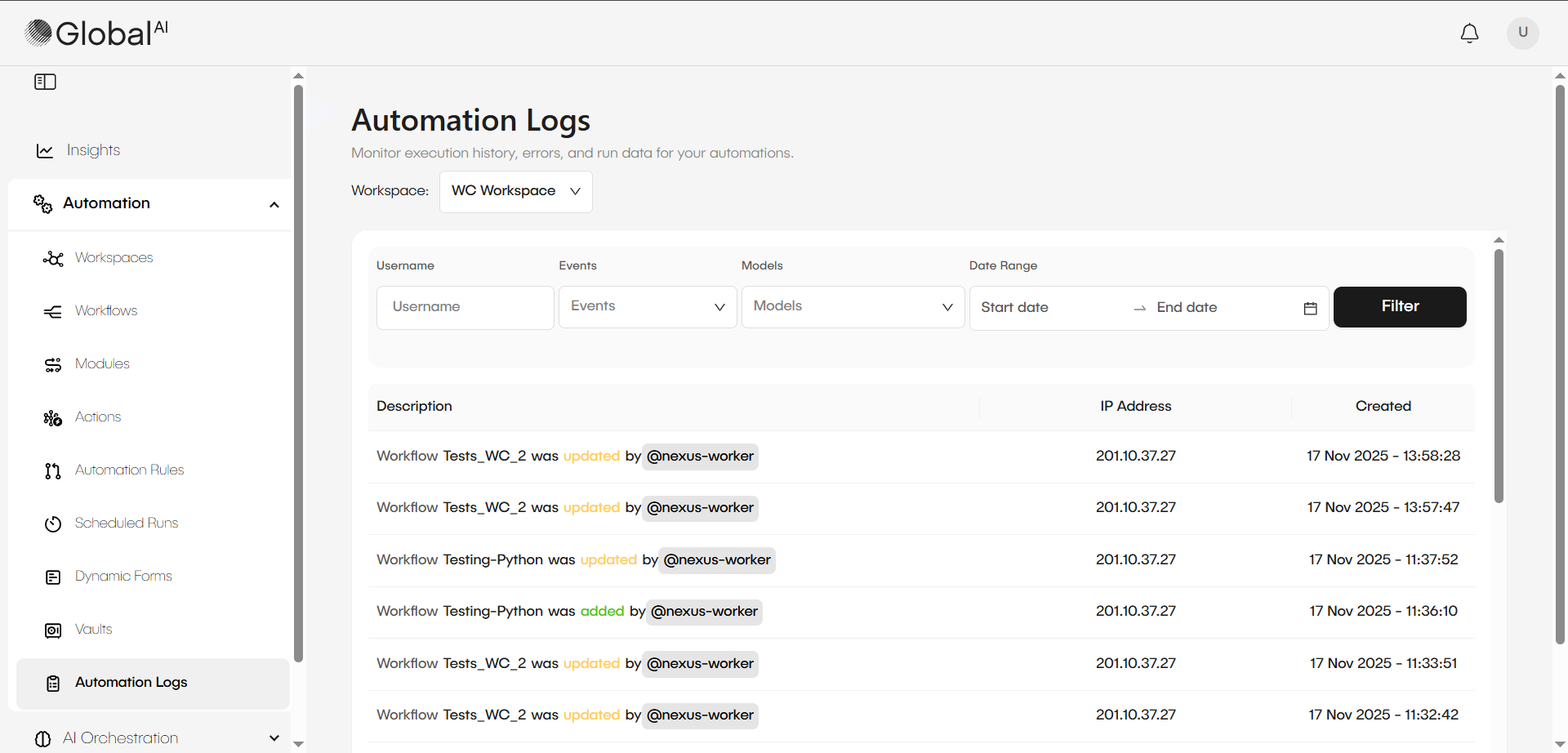 Automation Logs page overview