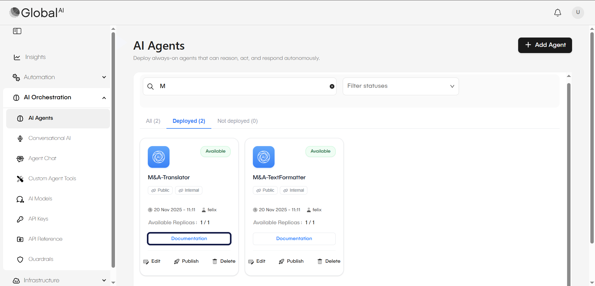 AI Agents deployed agents - Documentation button