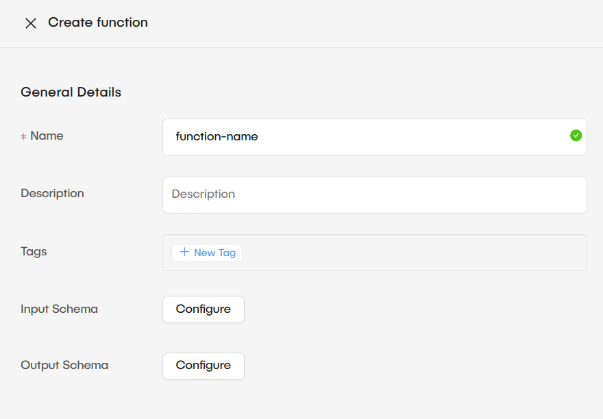 Create Function page with general details section